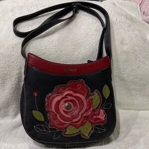 Chala Black Crossbody with Red Floral Applique